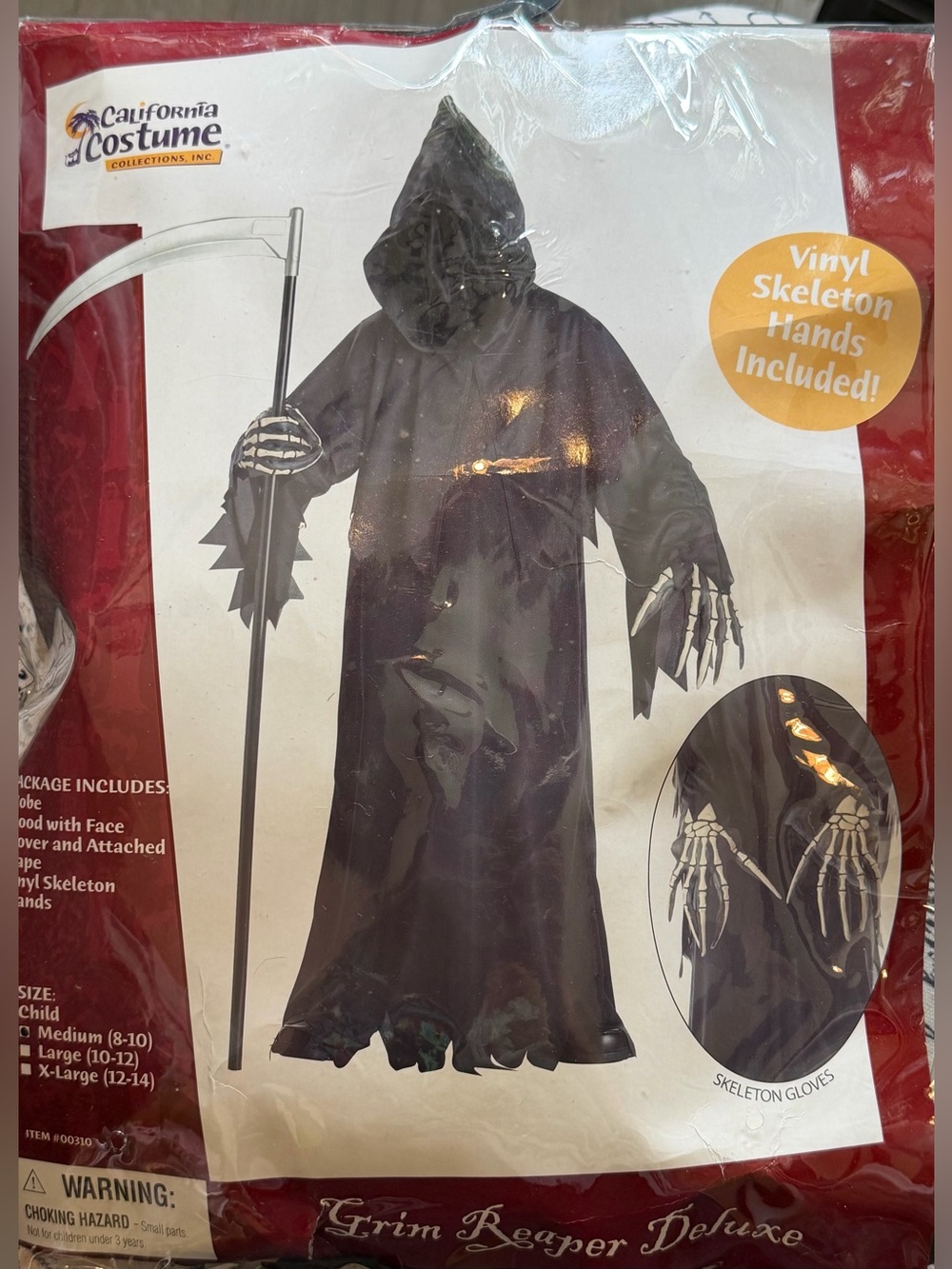 California Costumes Black Grim Reaper Kids Hooded Robe with Skeleton Gloves sz M